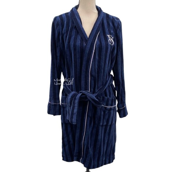 Victorias Secret Navy & Black Striped Embroidered Logo Belted Robe With Pockets - Picture 1 of 8